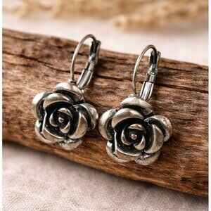 Vintage Silver Tone Rose Leverback Dangle Earrings Floral Antique Style Patina R